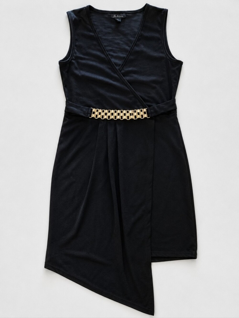 5th & Love Wrap Dress Women's Small Black Gold Belt Sleeveless Asym Hem Cocktail